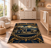 Trucker badge emblem rug in a nursery beside a crib and dresser