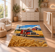 Semi truck on a country road rug in a nursery beside a crib and dresser