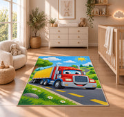 Cute cartoon semi truck rug in a nursery beside a crib and dresser