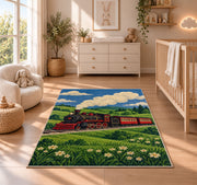 Vintage Steam Train Rug in a nursery beside a crib and dresser