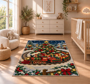 Christmas Train Rug in a nursery beside a crib and dresser