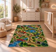 Train Track Play Rug in a nursery beside a crib and dresser