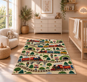 Train Pattern Rug in a nursery beside a crib and dresser