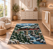Mountain Train Bridge Rug in a nursery beside a crib and dresser