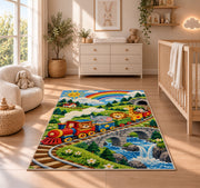 Wooden Toy Train Rug in a nursery beside a crib and dresser