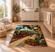 Vintage Train Station Rug in a nursery beside a crib and dresser