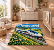 High Speed Train Rug in a nursery beside a crib and dresser