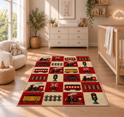 Retro Train Checkered Rug in a nursery beside a crib and dresser