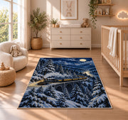 Winter Night Train Rug in a nursery beside a crib and dresser