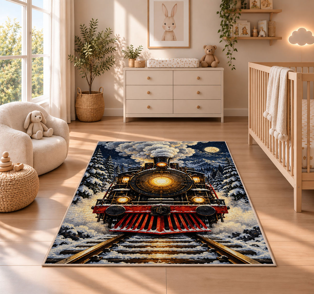 Steam Locomotive Front View Rug in a nursery beside a crib and dresser