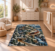 Mountain Railway Rug in a nursery beside a crib and dresser