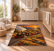 Freight Train Sunset Rug in a nursery beside a crib and dresser