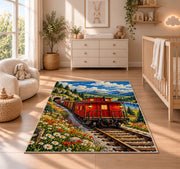 Red Caboose Rug in a nursery beside a crib and dresser
