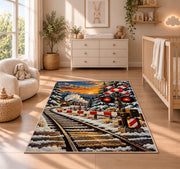 Railroad Crossing Rug in a nursery beside a crib and dresser