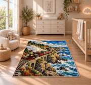Coastal Train Rug in a nursery beside a crib and dresser