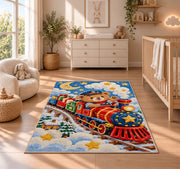 Teddy Bear Train Rug in a nursery beside a crib and dresser