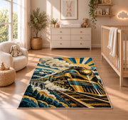 Art Deco Train Rug in a nursery beside a crib and dresser