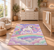 white unicorn on a rainbow rug in a nursery beside a crib and dresser