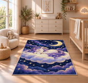 unicorn sleeping on a cloud rug in a nursery beside a crib and dresser
