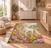 unicorn in a flower garden rug in a nursery beside a crib and dresser