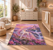 unicorn before a fairytale castle rug in a nursery beside a crib and dresser