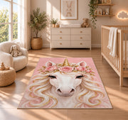 unicorn face with flower crown rug in a nursery beside a crib and dresser
