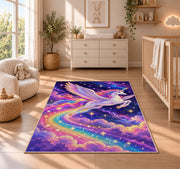 winged unicorn flying through stars rug in a nursery beside a crib and dresser