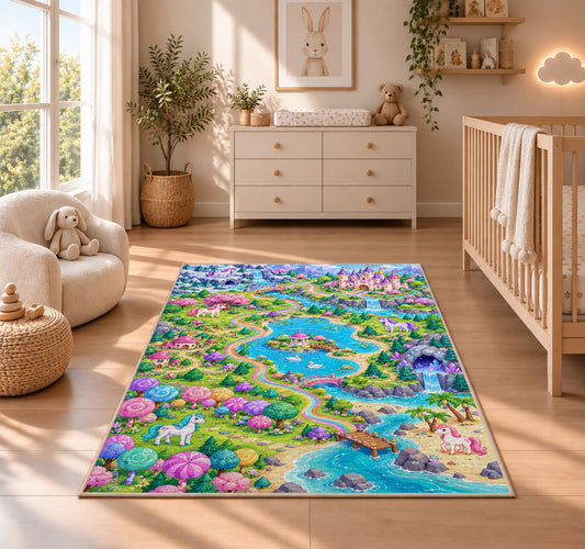 unicorn land map rug in a nursery beside a crib and dresser