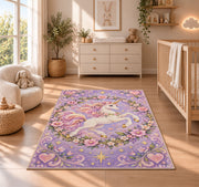 leaping unicorn in a floral wreath rug in a nursery beside a crib and dresser