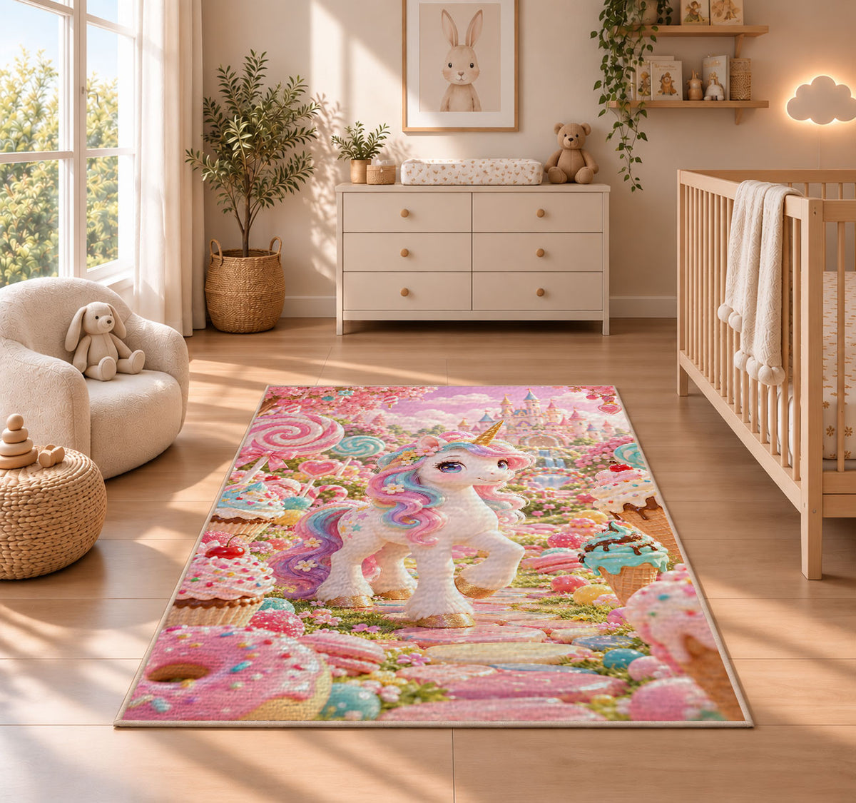 unicorn in a candy garden rug in a nursery beside a crib and dresser