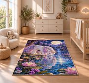 unicorn drinking at a moonlit lake rug in a nursery beside a crib and dresser