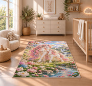 mother and baby unicorn rug in a nursery beside a crib and dresser