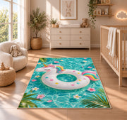 unicorn pool float rug in a nursery beside a crib and dresser