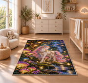 unicorn in an enchanted forest rug in a nursery beside a crib and dresser