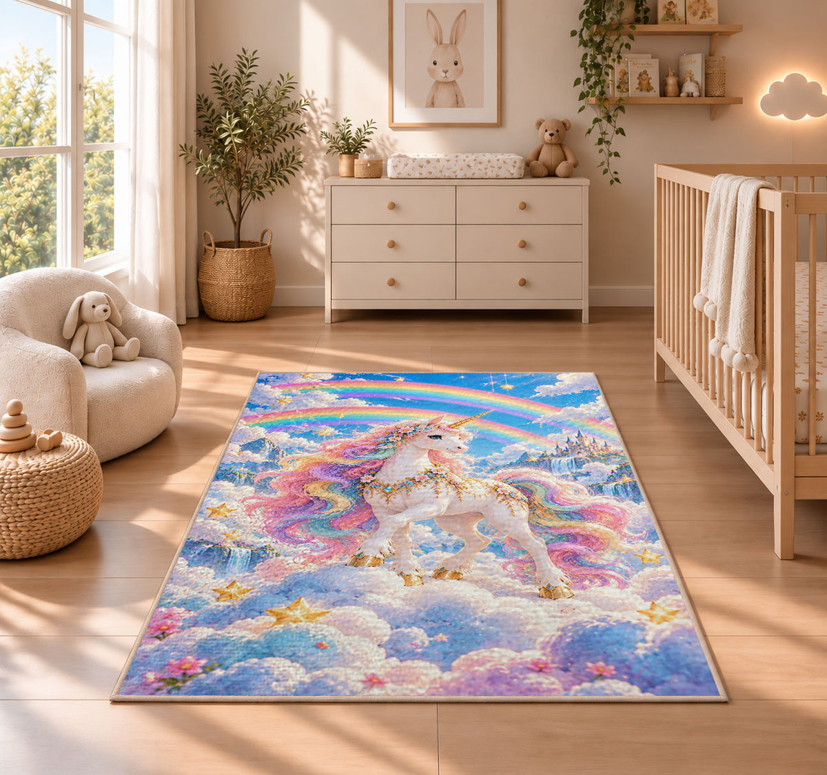 unicorn on clouds with double rainbow rug in a nursery beside a crib and dresser
