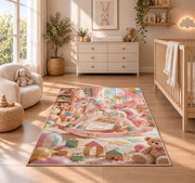 unicorn rocking horse in a playroom rug in a nursery beside a crib and dresser