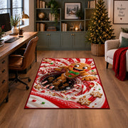 A cheerful gingerbread figure with a green bow pops out of a bold peppermint spiral; rug shown in a decorated home office
