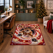A smiling reindeer with a bell collar emerges from sweeping red and golden spiral rings; rug shown in a decorated home office