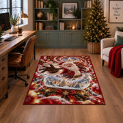 Santa reaches out from a sparkling snow globe containing a miniature snowy village; rug shown in a decorated home office