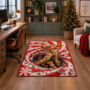A friendly gingerbread figure steps out of a swirling cookie-filled tunnel; rug shown in a decorated home office