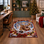 A smiling reindeer emerges from a blue snow spiral surrounded by golden lights and snowy branches; rug shown in a decorated home office