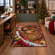 A smiling elf leans over a sweeping spiral of glowing toys and wrapped presents; rug shown in a decorated home office