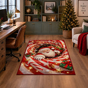 Santa peeks out of a sparkling candy cane spiral with a white-gloved hand resting in front; rug shown in a decorated home office