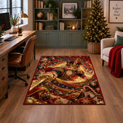 A decorative nutcracker soldier in an ornate red and blue uniform holds a golden sword within glowing spiral rings; rug shown in a decorated home office