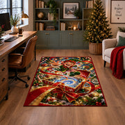 A cheerful elf rises above an open gift box spilling a blue and golden swirl; rug shown in a decorated home office