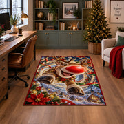 A playful reindeer with a bright red nose leaps forward above a snowy blue village; rug shown in a decorated home office
