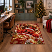 A friendly red furry monster wearing a Santa hat reaches through a glowing spiral of presents; rug shown in a decorated home office