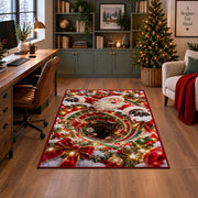 Santa appears above a deep red and green spiral edged with glowing golden lights; rug shown in a decorated home office