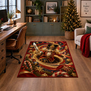 A red-uniformed nutcracker soldier holds a shining sword as it emerges from a golden spiral; rug shown in a decorated home office