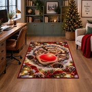 A cheerful reindeer with a large red nose peeks through snowy rings of golden lights; rug shown in a decorated home office